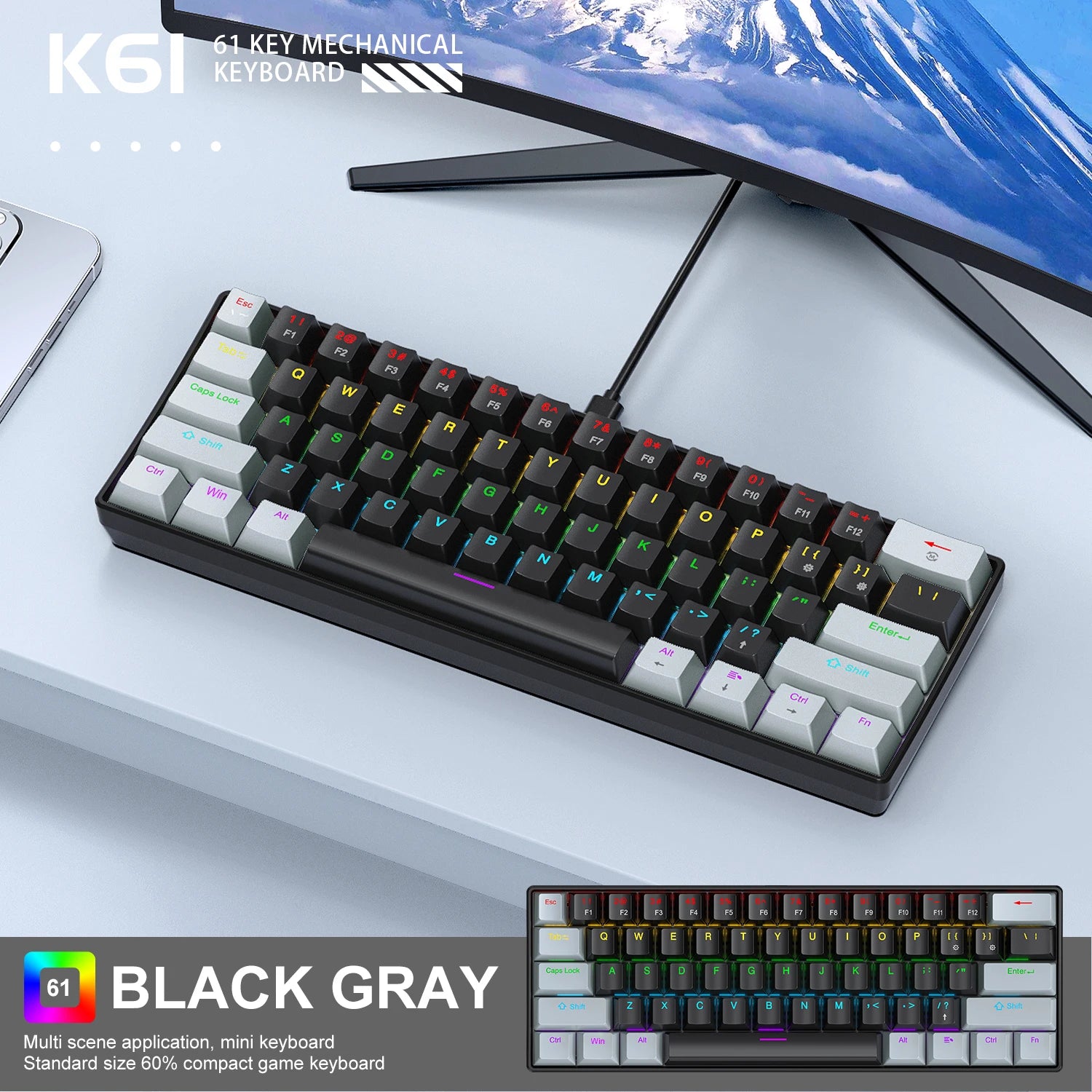 Keyboard,Black/White Red/Blue Mechanical Switch 60%