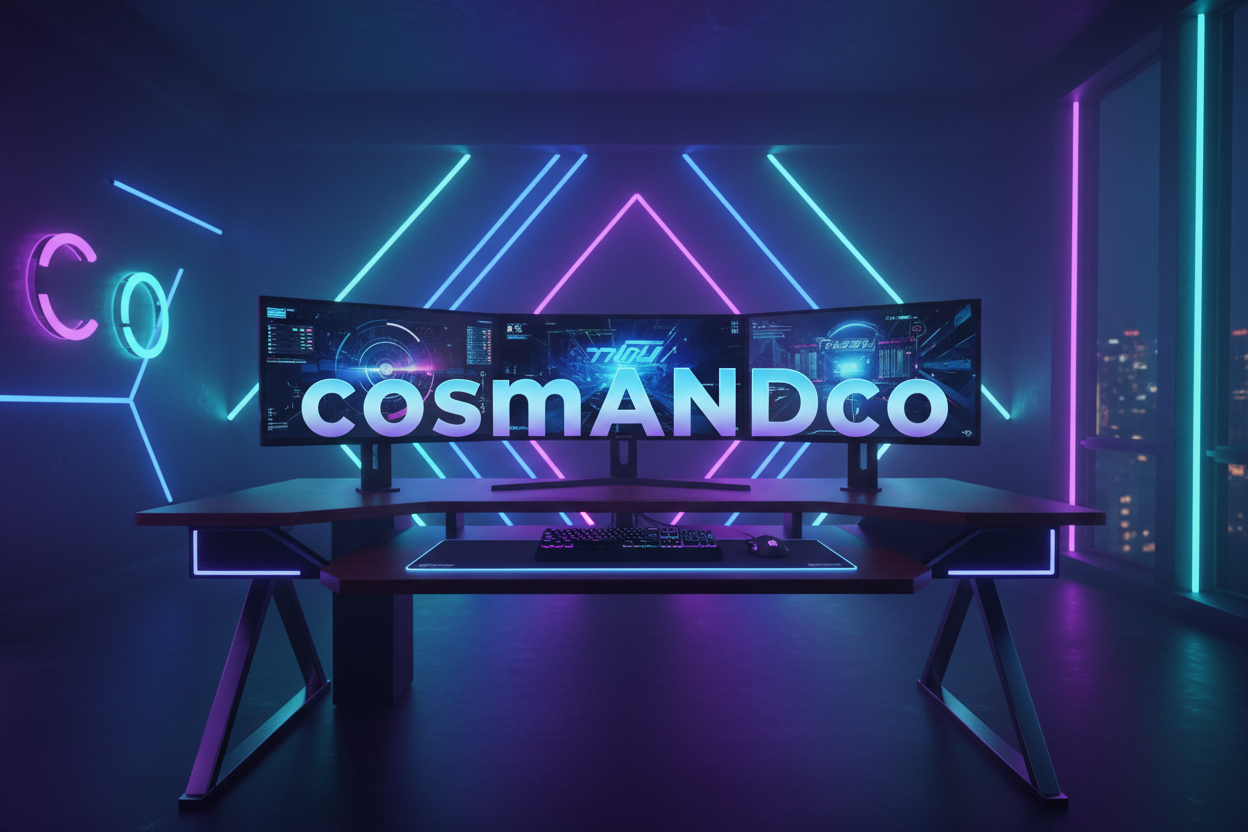 setup gaming  avec ecrit cosmANDco en plein milieu